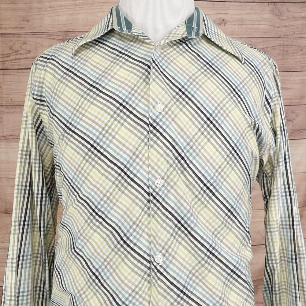 Claiborne Shirt Mens XL Green Blue Plaid Modern Fit Long Sleeve Cotton Casual